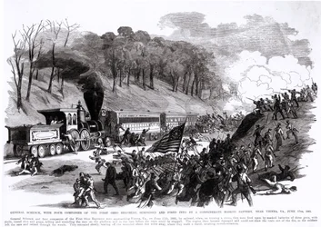 General Schenck mit vier Kompanien des ersten Ohio-Regiments, überrascht und beschossen von einer konföderierten maskierten Batterie, in der Nähe von Wien, VA., 17. Juni 1861, aus 